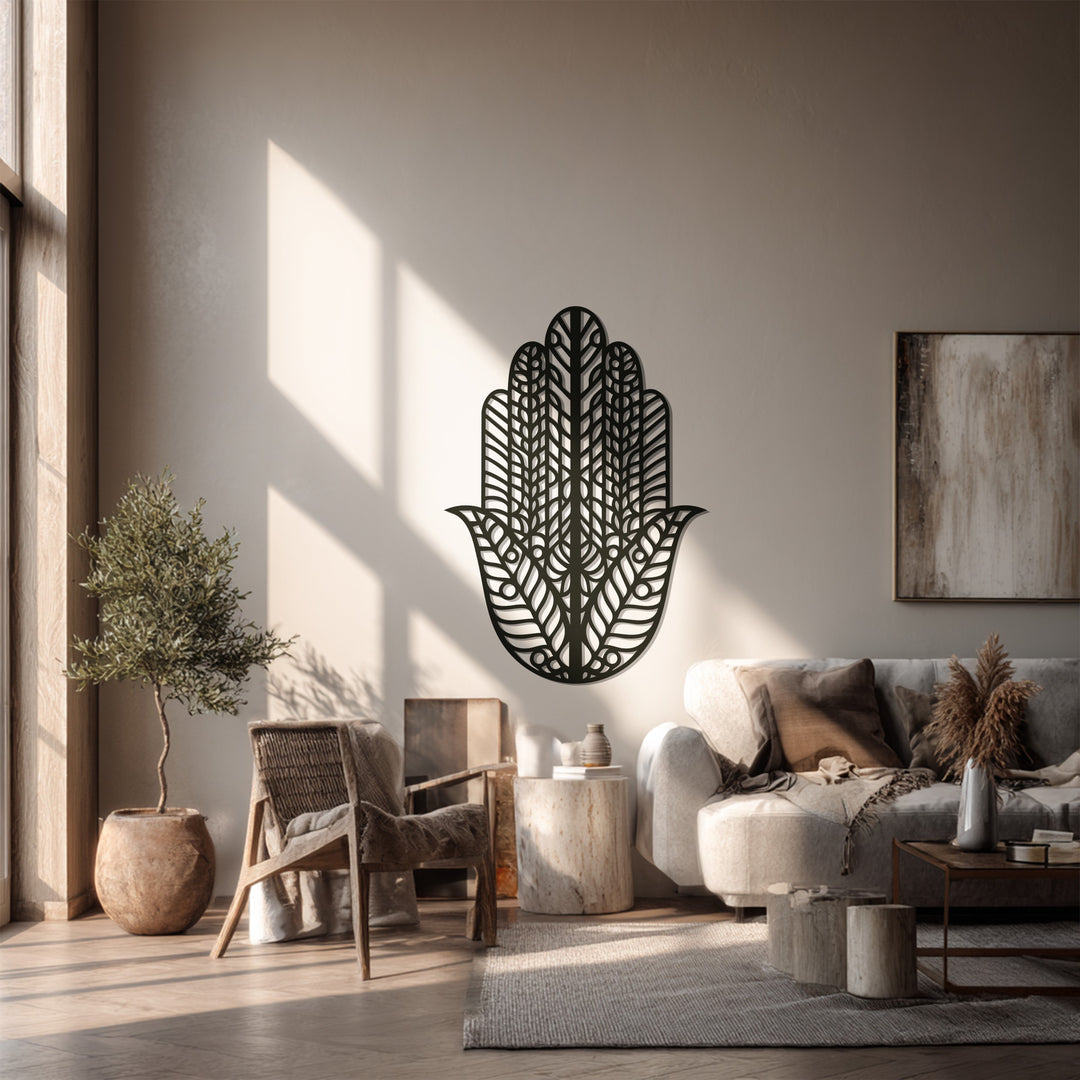 Stylish black metal wall art with Hamsa geometric pattern