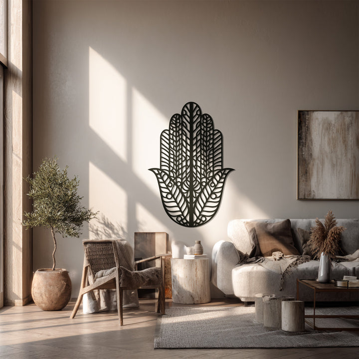 Stylish black metal wall art with Hamsa geometric pattern