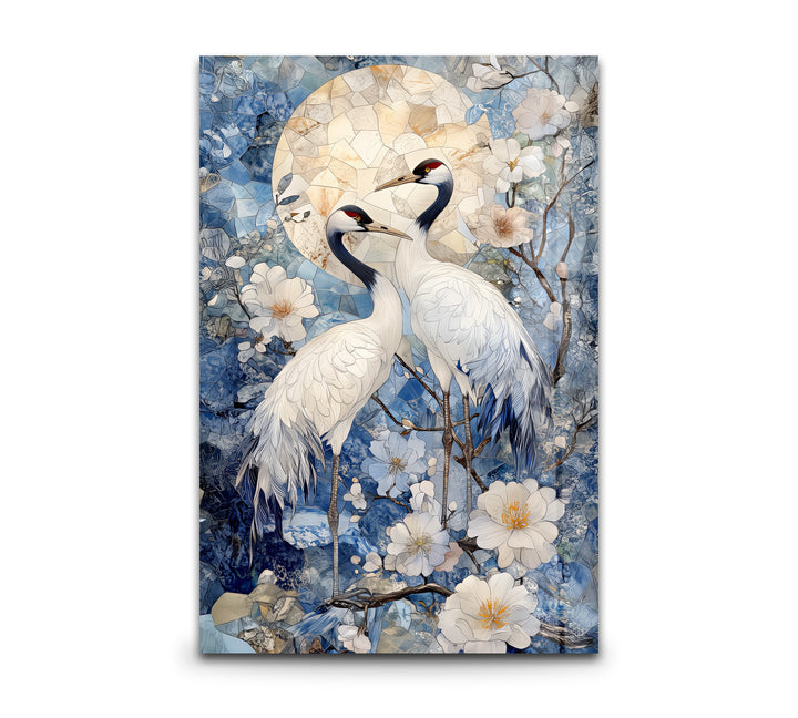 Moonlit Cranes – Elegant Nature Scene Glass Wall Art
