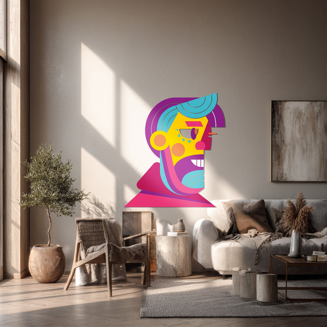 Vibrant Abstract Man Face Metal Wall Art – Modern Pop Cubist Home Decor
