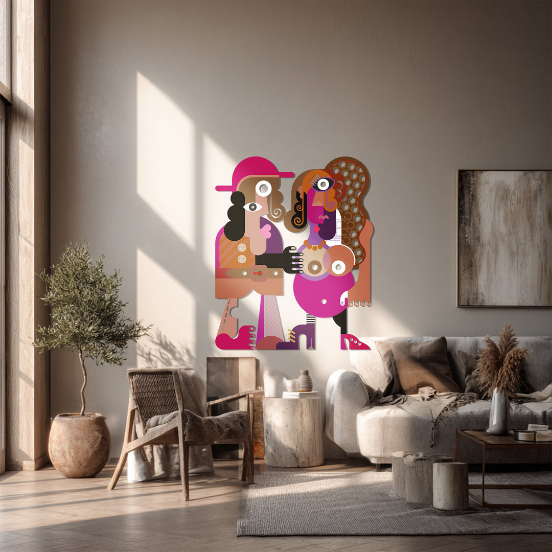 Abstract Couple Metal Wall Art – Colorful Modern Cubist Home Decor