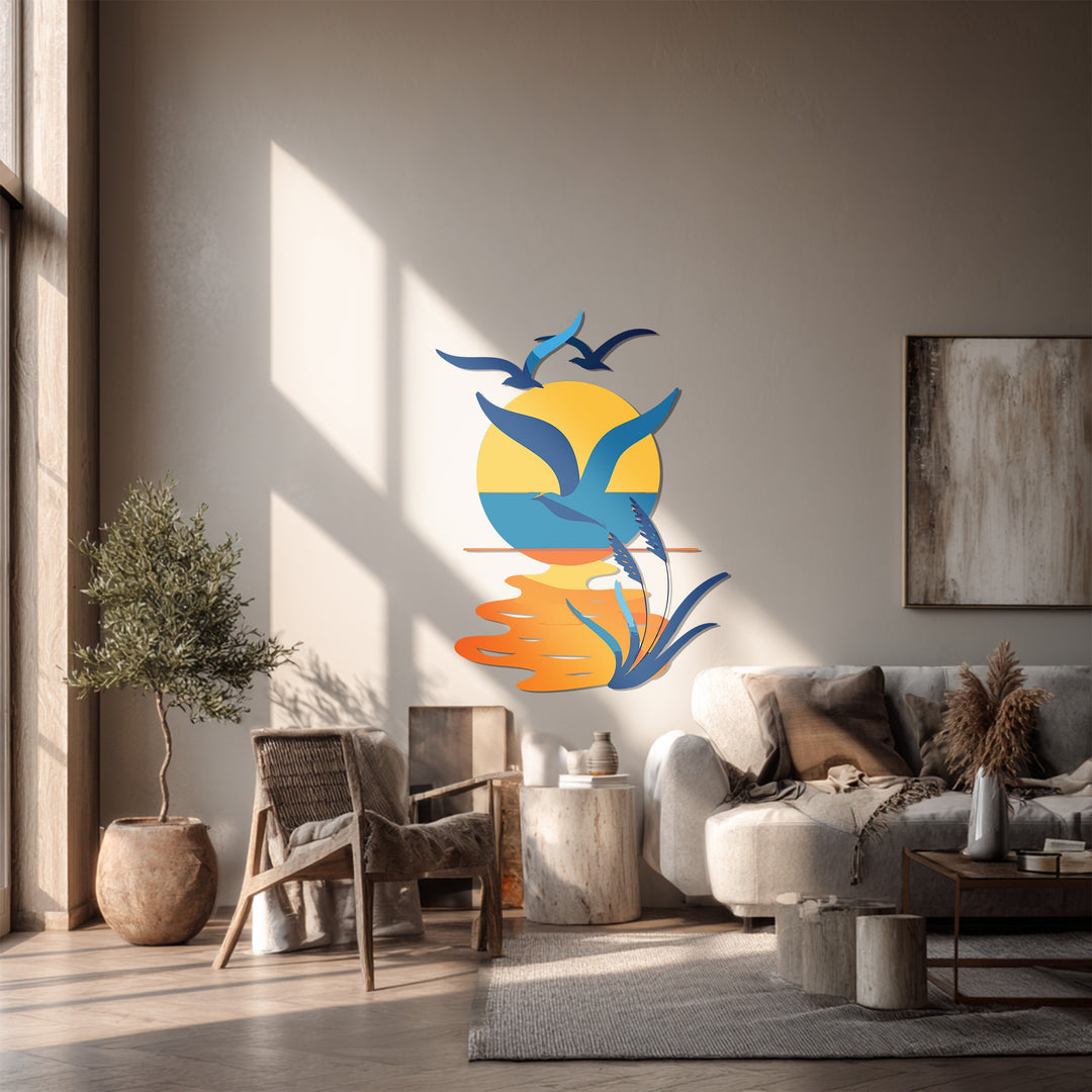 Seaside Harmony Metal Wall Art – Sunset & Flying Birds Design