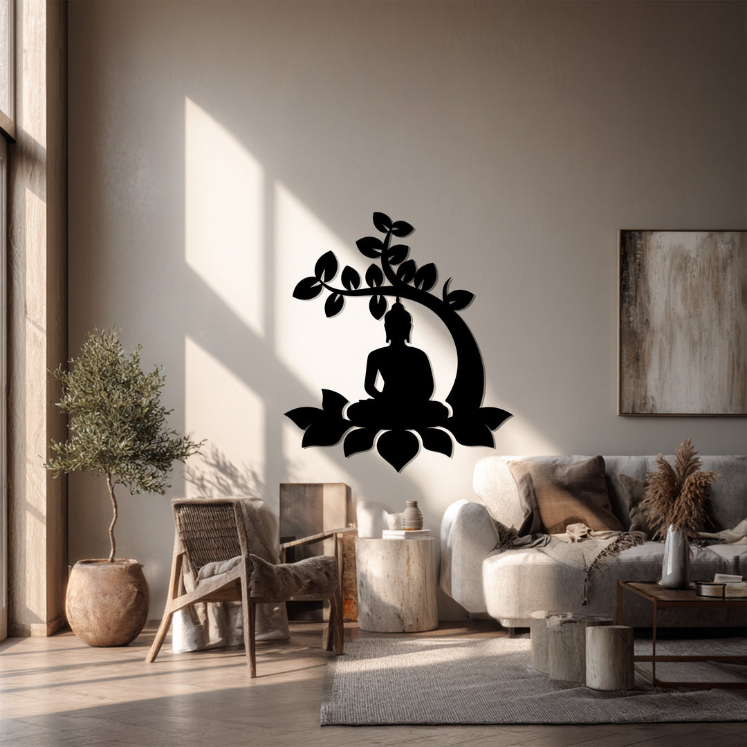 Bodhi Tree Buddha Metal Wall Art – Meditative Lotus Silhouette