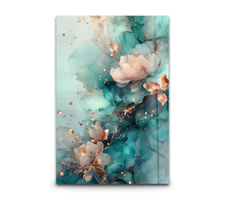 Golden Petals in Aqua Mist – Abstract Floral Glass Wall Art