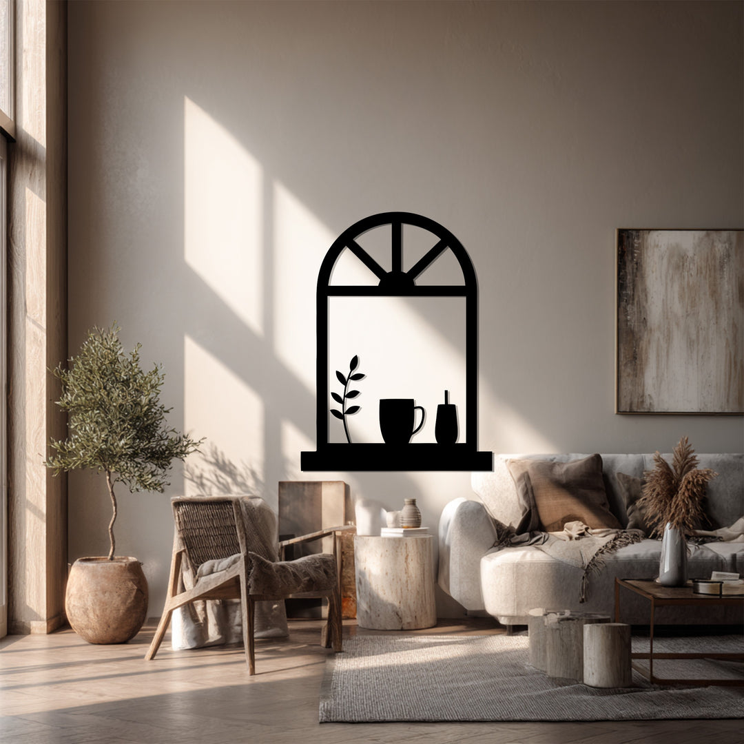 Cozy Window Scene – Coffee Mug & Plant Metal Wall Art