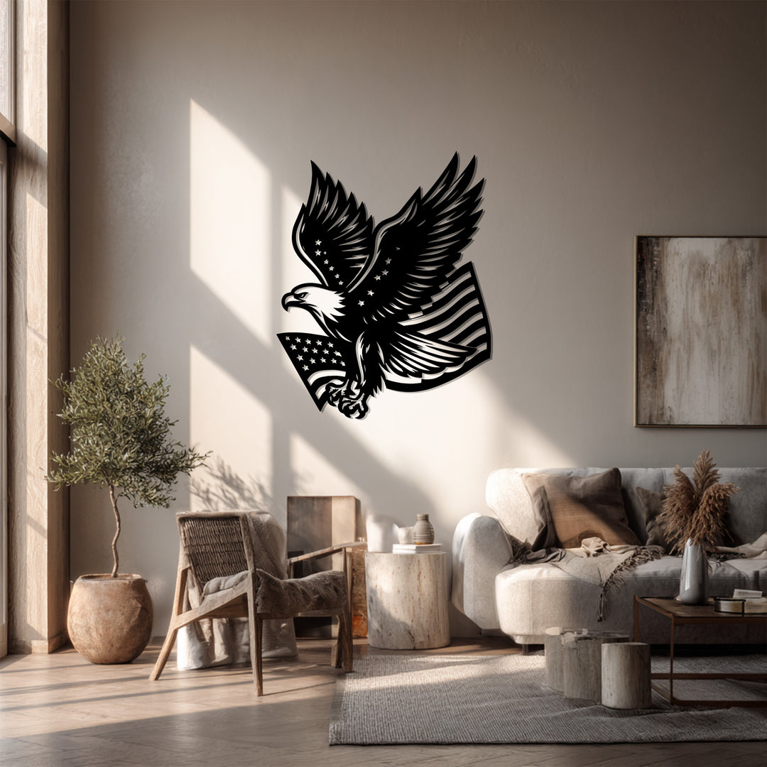 American Eagle Metal Wall Art – Patriotic Bald Eagle with USA Flag