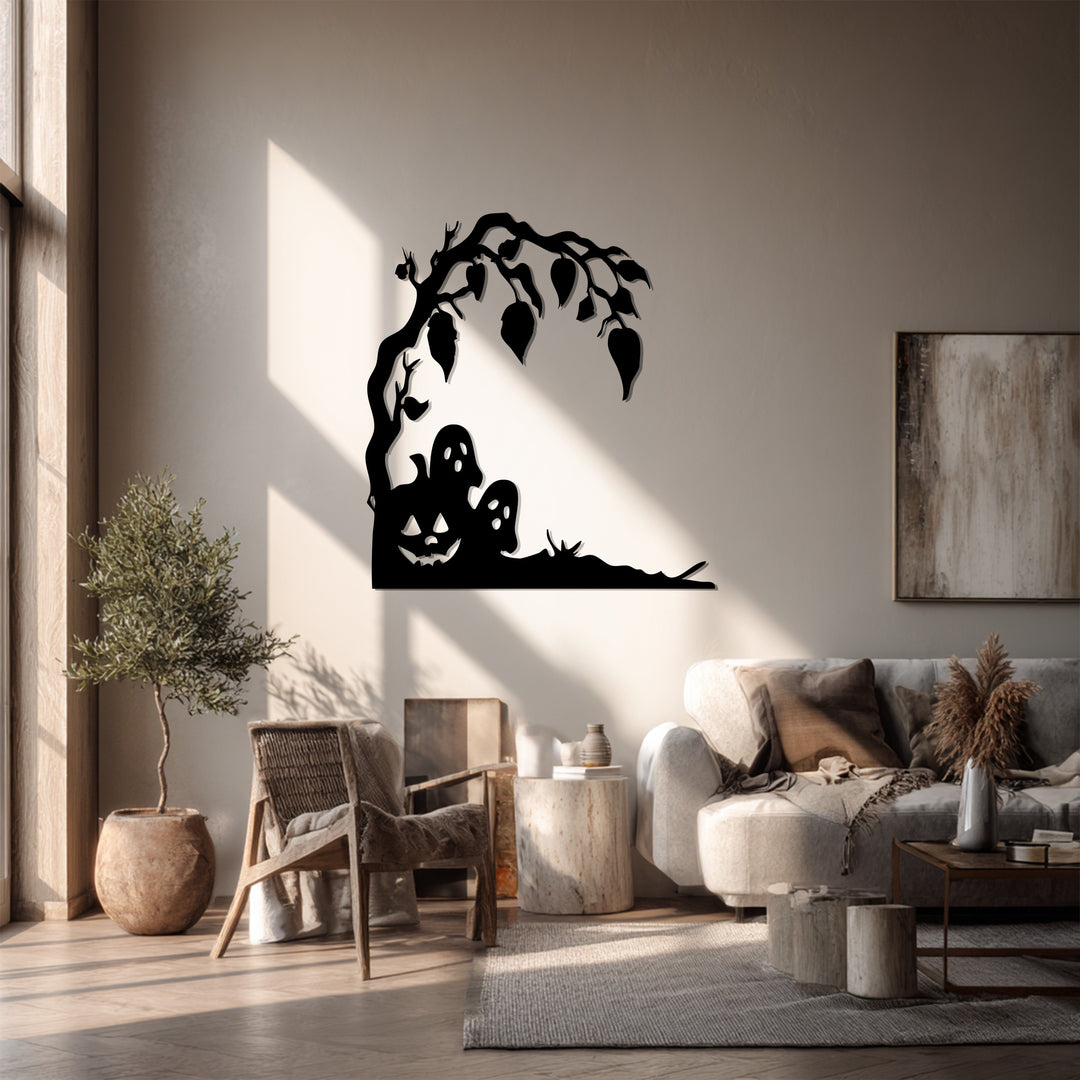 Haunted Pumpkin & Ghosts Metal Wall Art – Spooky Halloween Décor