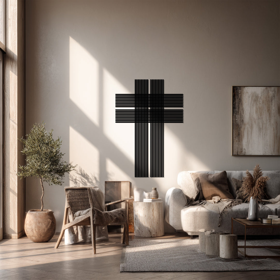 التوازن السماوي – صليب فضي خطي فن جداري معدني