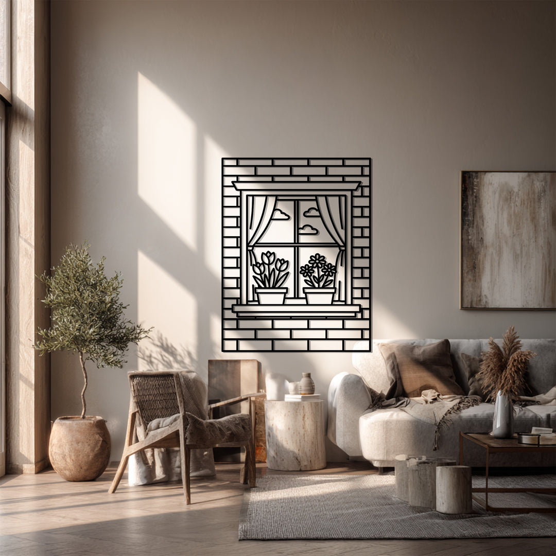 Floral Window Scene – Decorative Metal Wall Art with Curtains & Flowers
