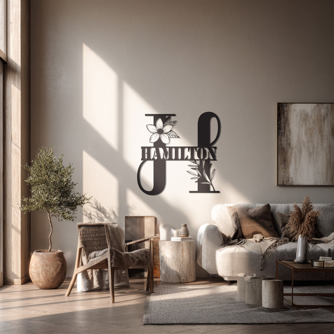 Floral Monogram Metal Wall Art – Personalized Name Sign