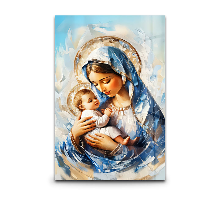 Divine Embrace – Virgin Mary and Child Jesus Glass Wall Art