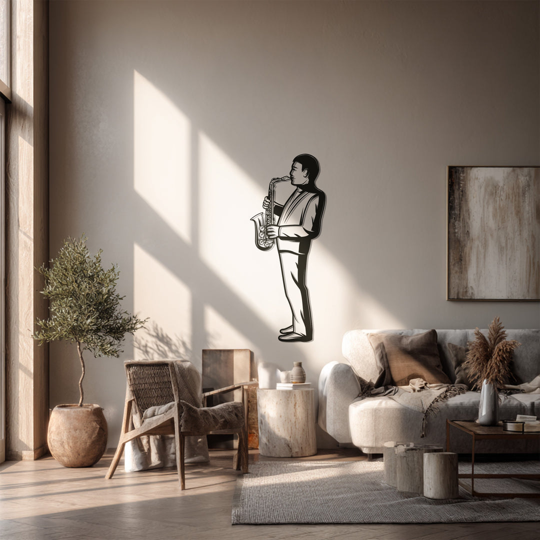 Jazz Saxophone Player Metal Wall Art – Music Silhouette Decor