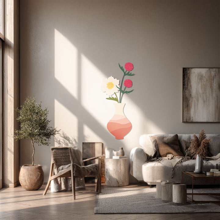 Featuring the decorative metal art, the playful bloom vase artwork commands attention amidst the soft neutral tones of the surrounding room.