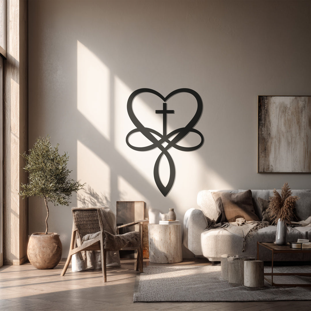 Heart Cross Metal Wall Art – Black Religious Wall Sculpture