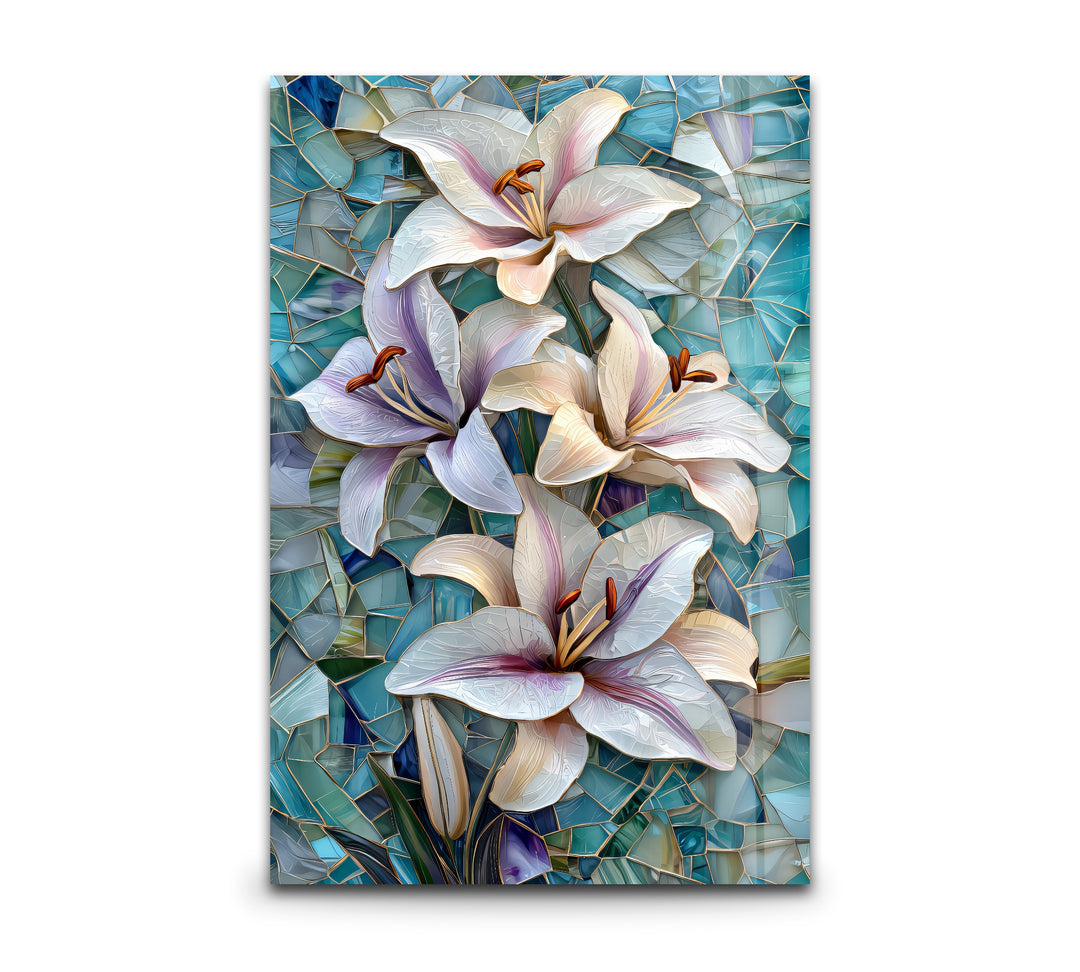 Ocean Lilies – Blue Mosaic Floral Glass Wall Art