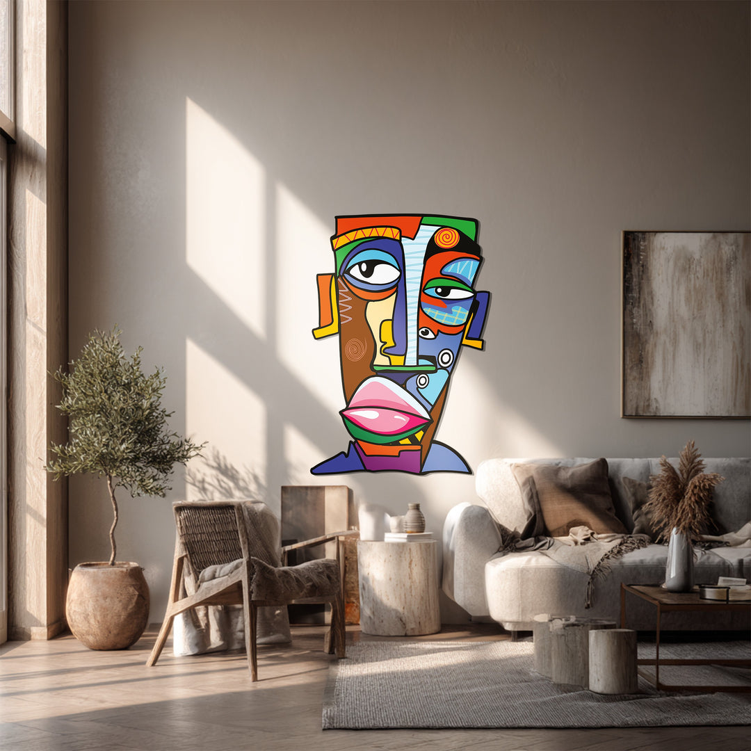 Colorful Abstract Face Metal Wall Art – Modern Cubist Décor