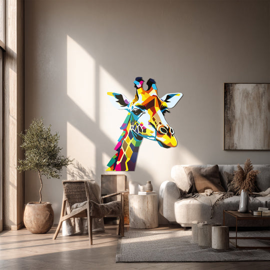 Vibrant, eye-catching, colorful giraffe head showcases the beauty of modern geometric animal metal wall decor as a striking metal wall decor accent.
