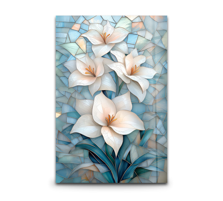 Ivory Radiance – White Lily Mosaic Glass Wall Art