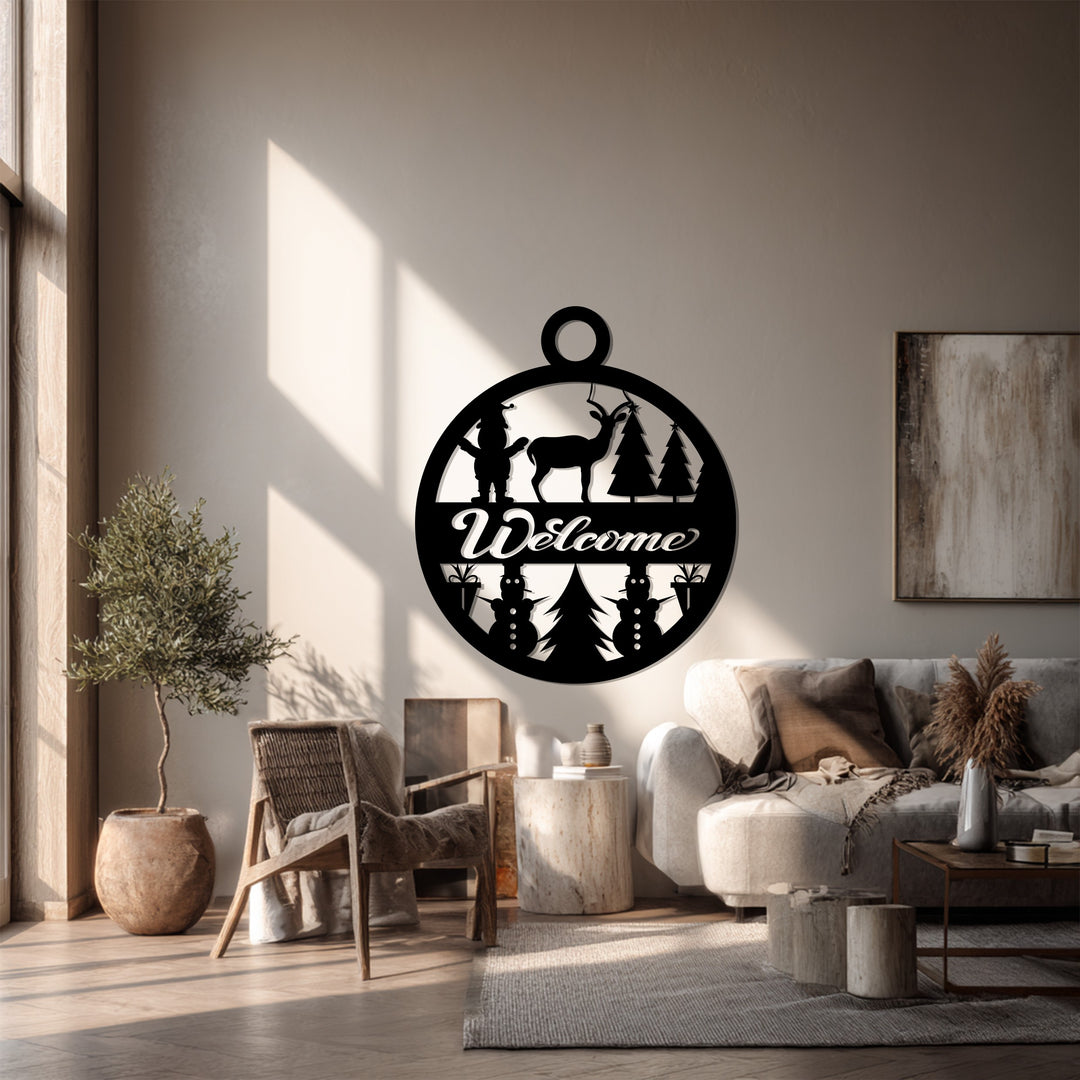 ترحيب احتفالي – غزال عيد الميلاد ورجل الثلج فن جداري معدني