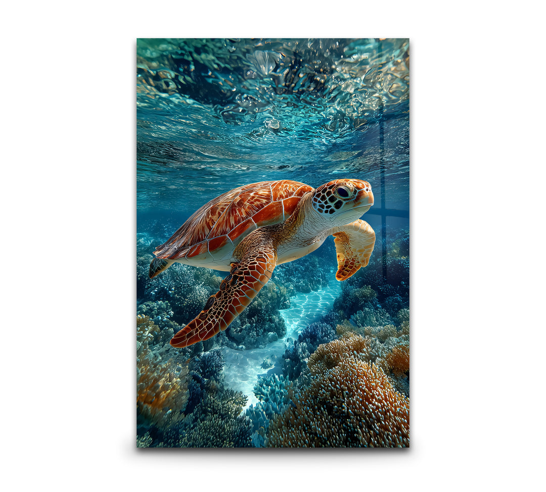 Graceful Voyager – Sea Turtle Underwater Glass Wall Art