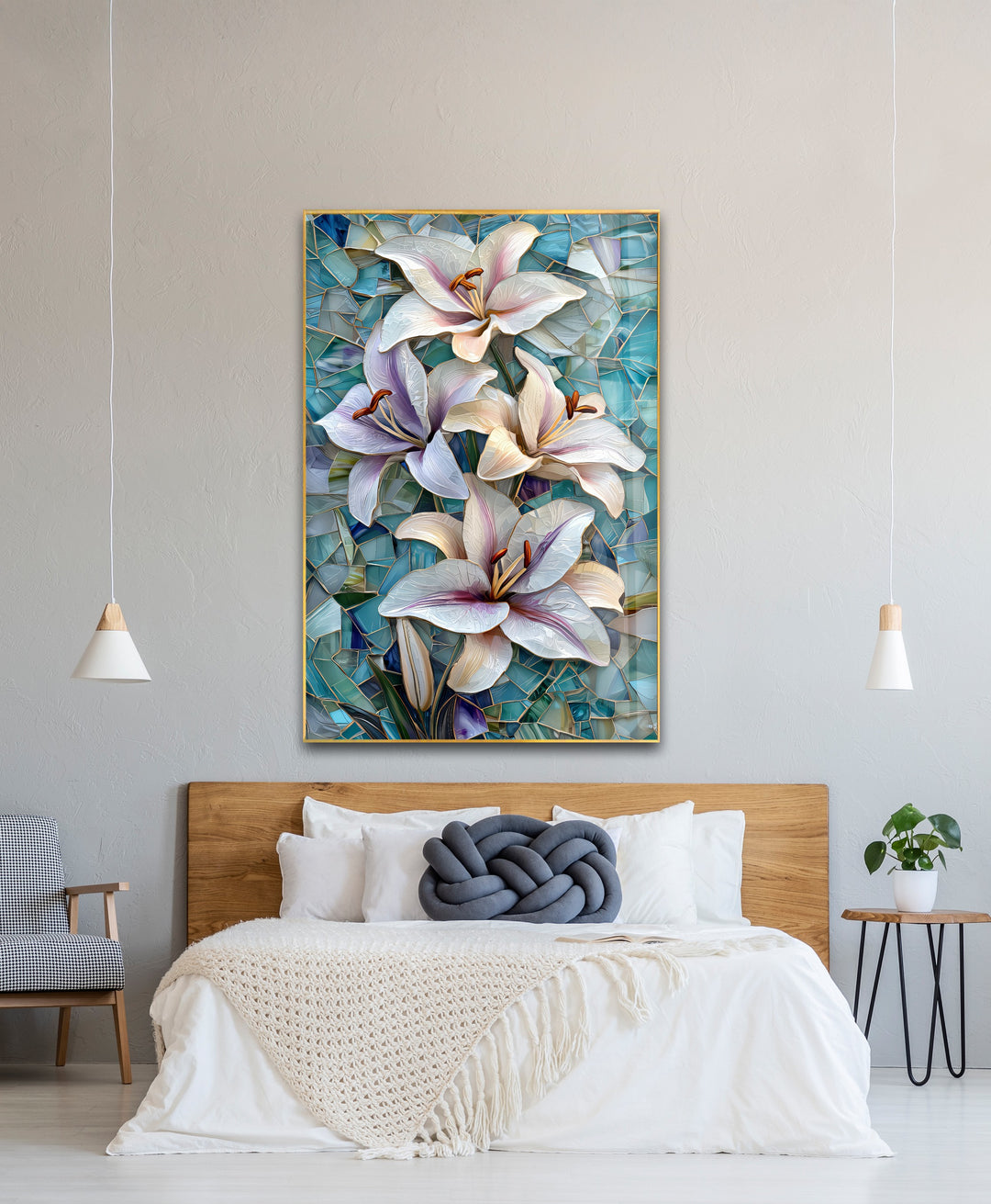 Ocean Lilies – Blue Mosaic Floral Glass Wall Art