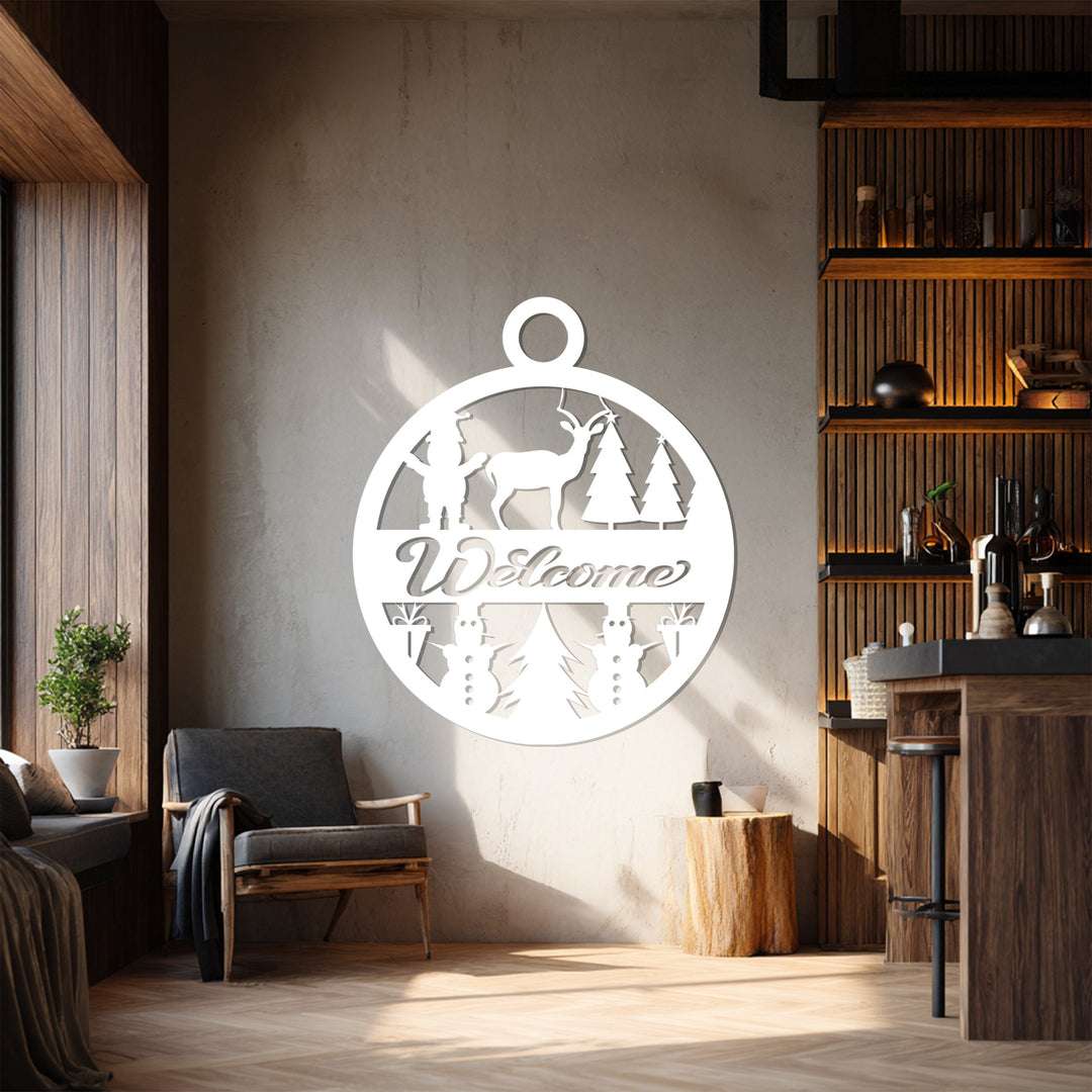 ترحيب احتفالي – غزال عيد الميلاد ورجل الثلج فن جداري معدني