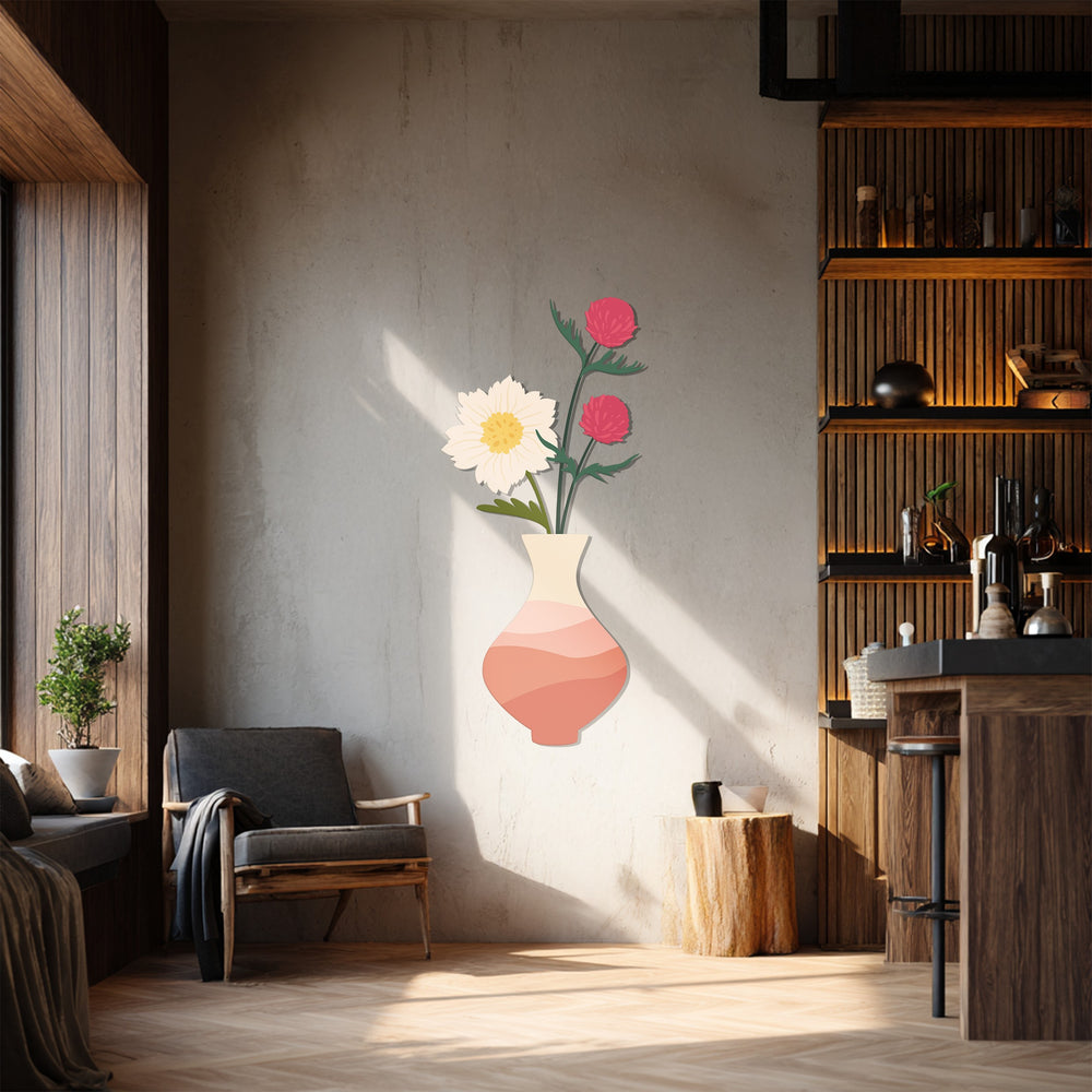 Foreground details showcase the soft bloom vase metal wall decor with minimalist floral accents, enhancing this unique piece of metal wall art.