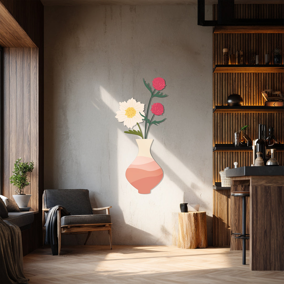 Foreground details showcase the soft bloom vase metal wall decor with minimalist floral accents, enhancing this unique piece of metal wall art.