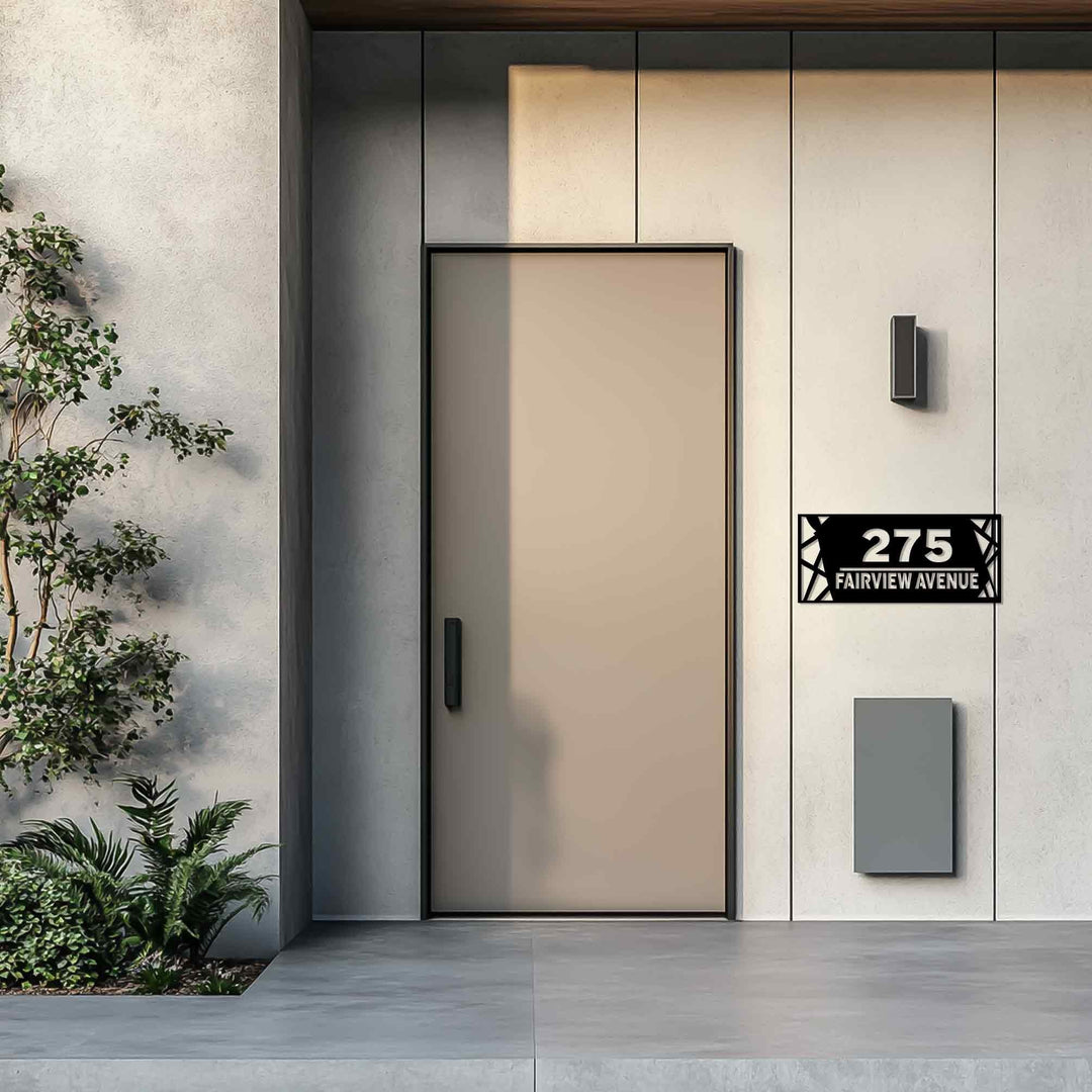 Minimalist metal address plaque exterior wall