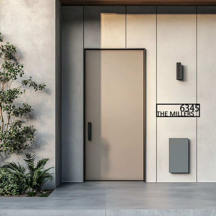 Black framed metal house number sign outdoor