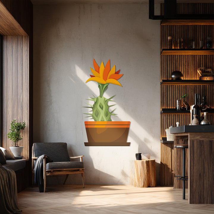 Highlighting the edge and borders of a piece of decoration wall art, this modern metal wall art features a sunrise cactus bloom.