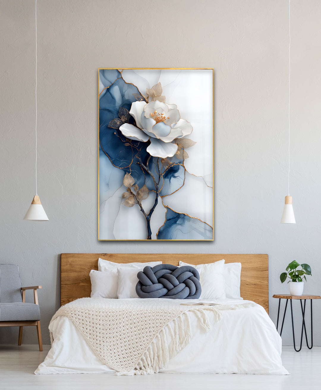 Golden Midnight Bloom – White Flower on Navy Marble Glass Wall Art