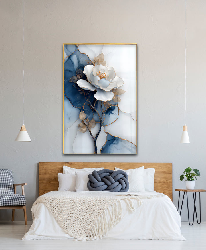Golden Midnight Bloom – White Flower on Navy Marble Glass Wall Art