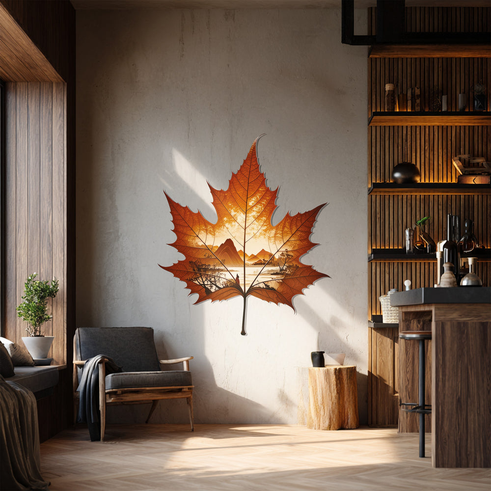 Featuring the maple leaf's sharp geometric silhouette, this decoration wall art captures an autumn horizon nature landscape in metal.