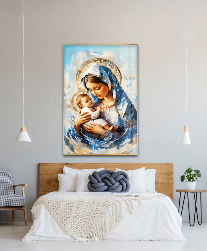 Divine Embrace – Virgin Mary and Child Jesus Glass Wall Art