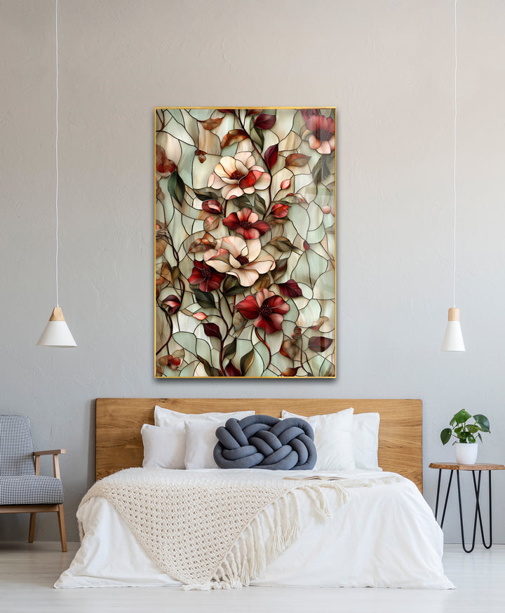 Crimson Bloom Harmony – Stained Floral Glass Wall Art