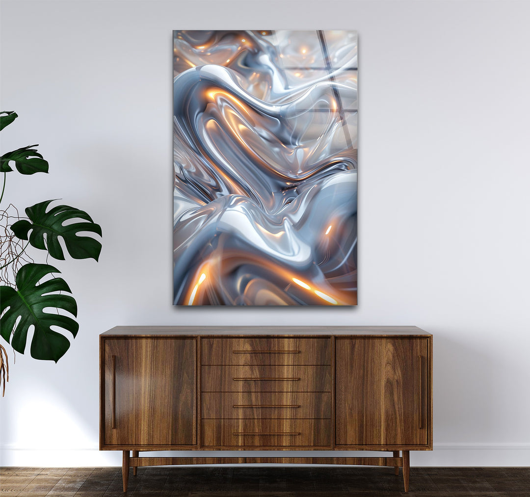 Ethereal Silver Glow – Abstract Fluid Metal Design Glass Wall Art