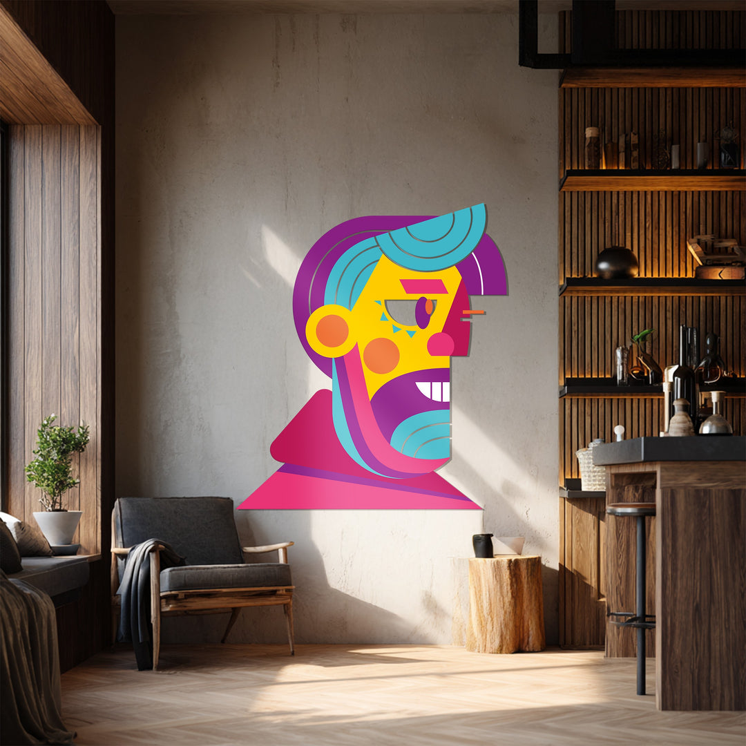 Vibrant Abstract Man Face Metal Wall Art – Modern Pop Cubist Home Decor