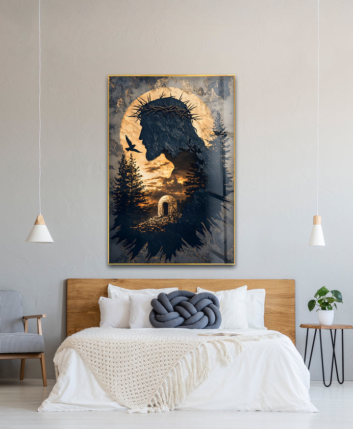 He Is Risen – Silhouette of Christ with Resurrection Tomb Glass Wall Art