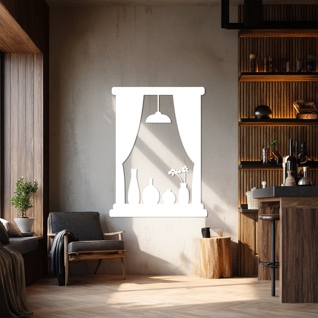 Window Scene with Vases and Lamp – Modern Metal Wall Art Decor