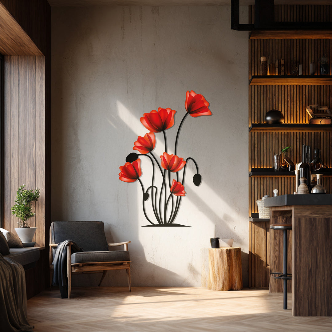Sunlight gently illuminates the red poppy flowers in this botanical metal art for wall, casting shadows that soften the overall modern floral wall decor.