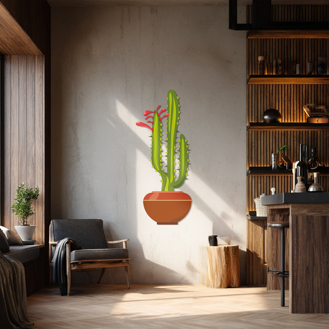 Serene tranquility radiates from this botanical setting, where the modern desert twin column cactus metal wall decor casts an inviting, peaceful presence with its detailed shadow.