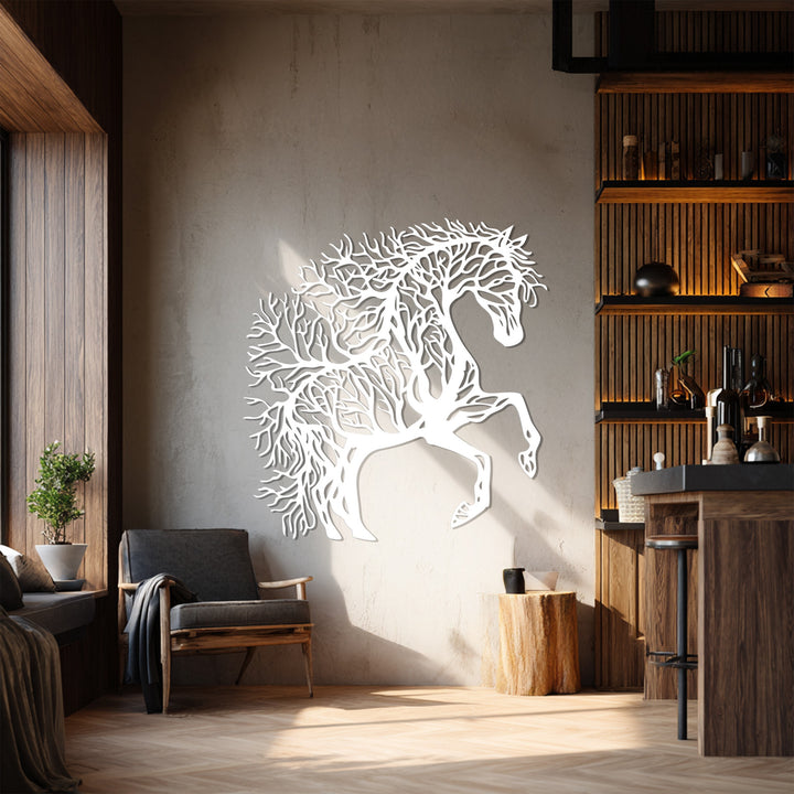 Modern black metal horse and tree wall art