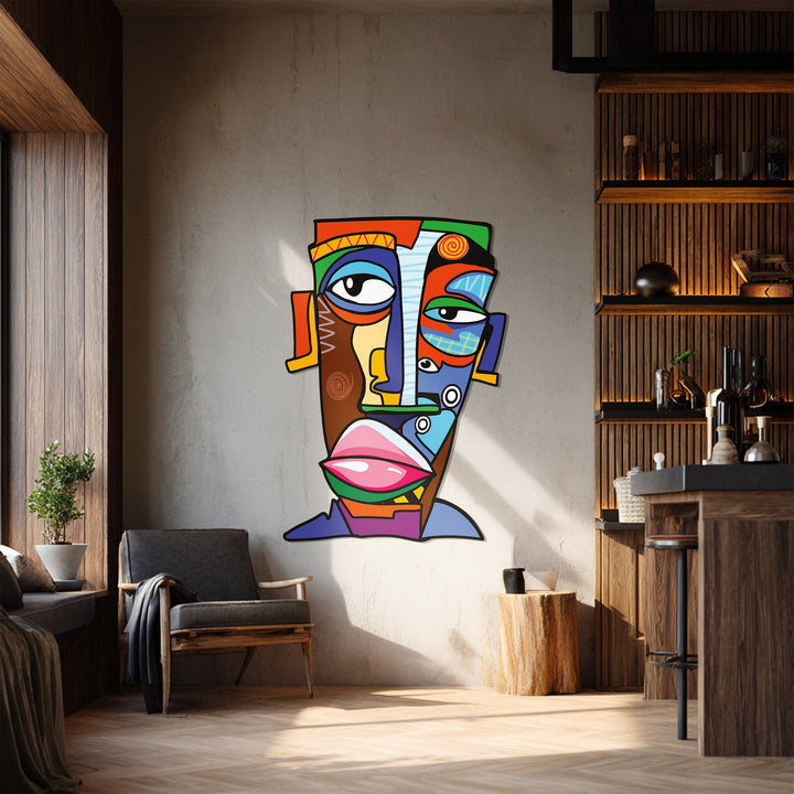Picasso inspired colorful face metal artwork