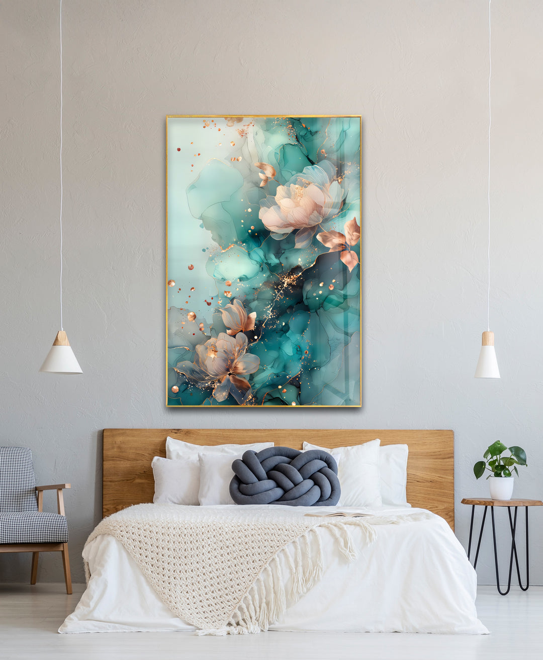 Golden Petals in Aqua Mist – Abstract Floral Glass Wall Art