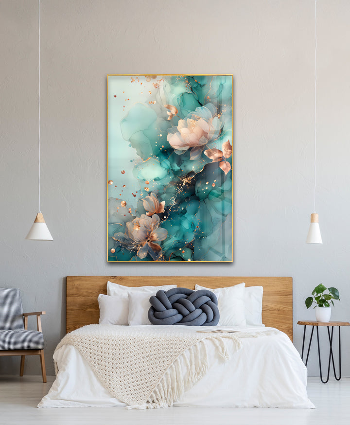 Golden Petals in Aqua Mist – Abstract Floral Glass Wall Art