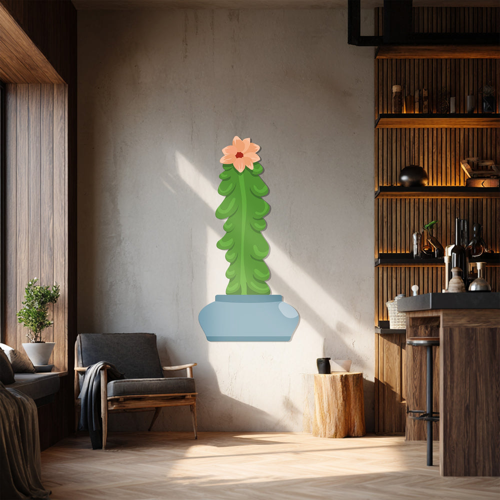 Stillness of a column cactus rendered in decorative metal art, its modern botanical form exuding calm in a sunlit room.