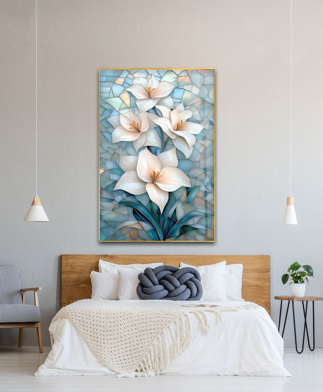Ivory Radiance – White Lily Mosaic Glass Wall Art