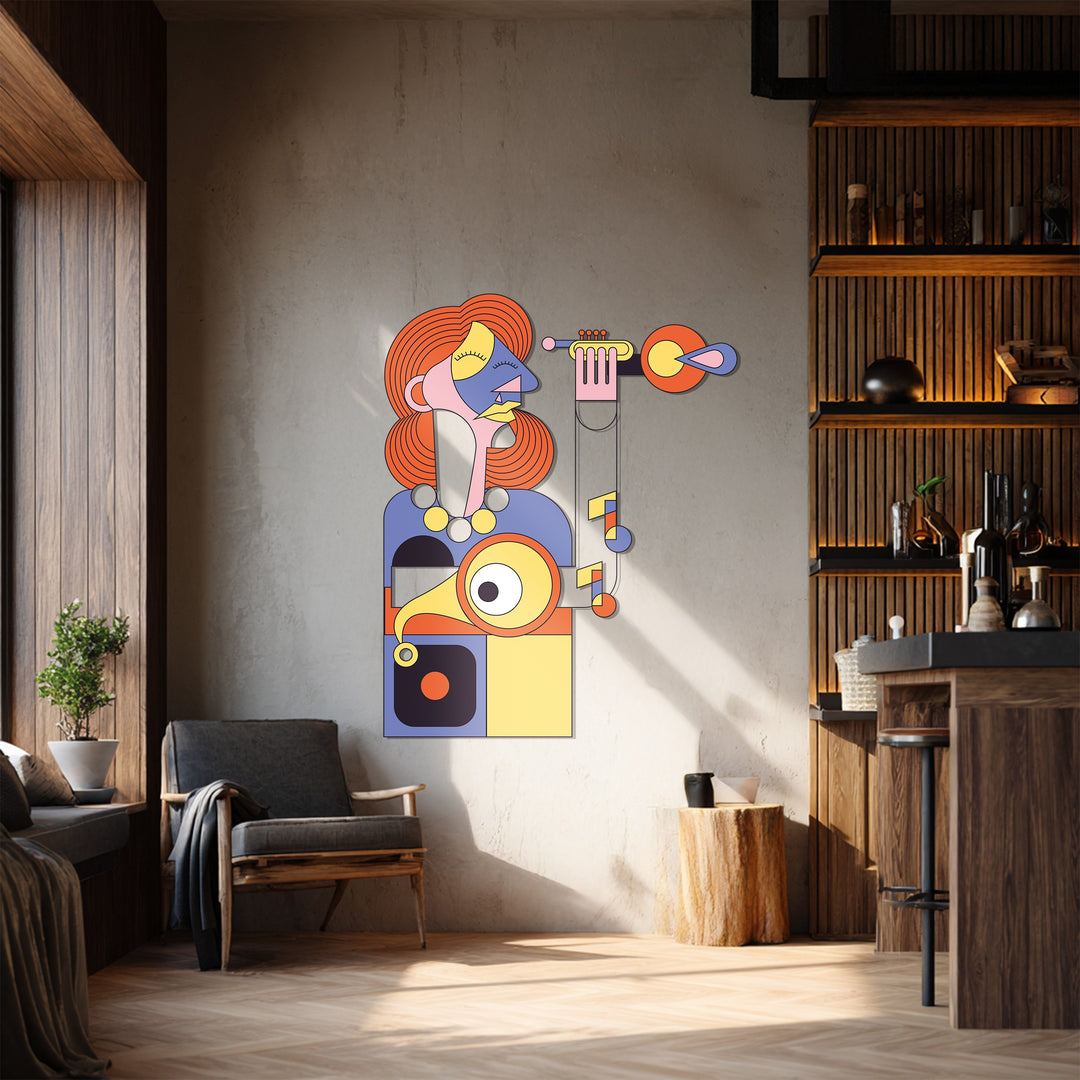 Cubist Woman with Trumpet Metal Wall Art – Abstract Musical Expression Decor