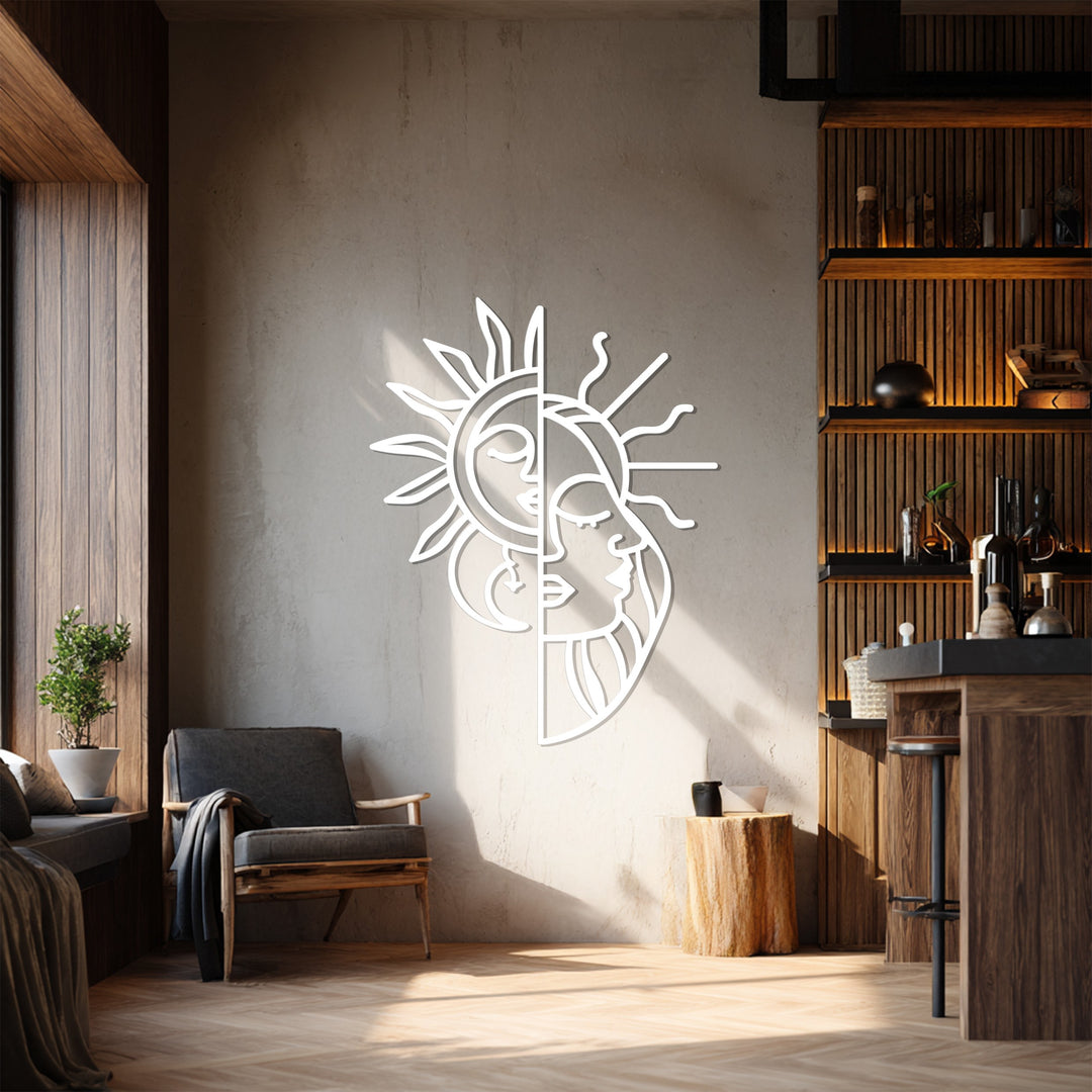 Spiritual sun moon metal wall sculpture